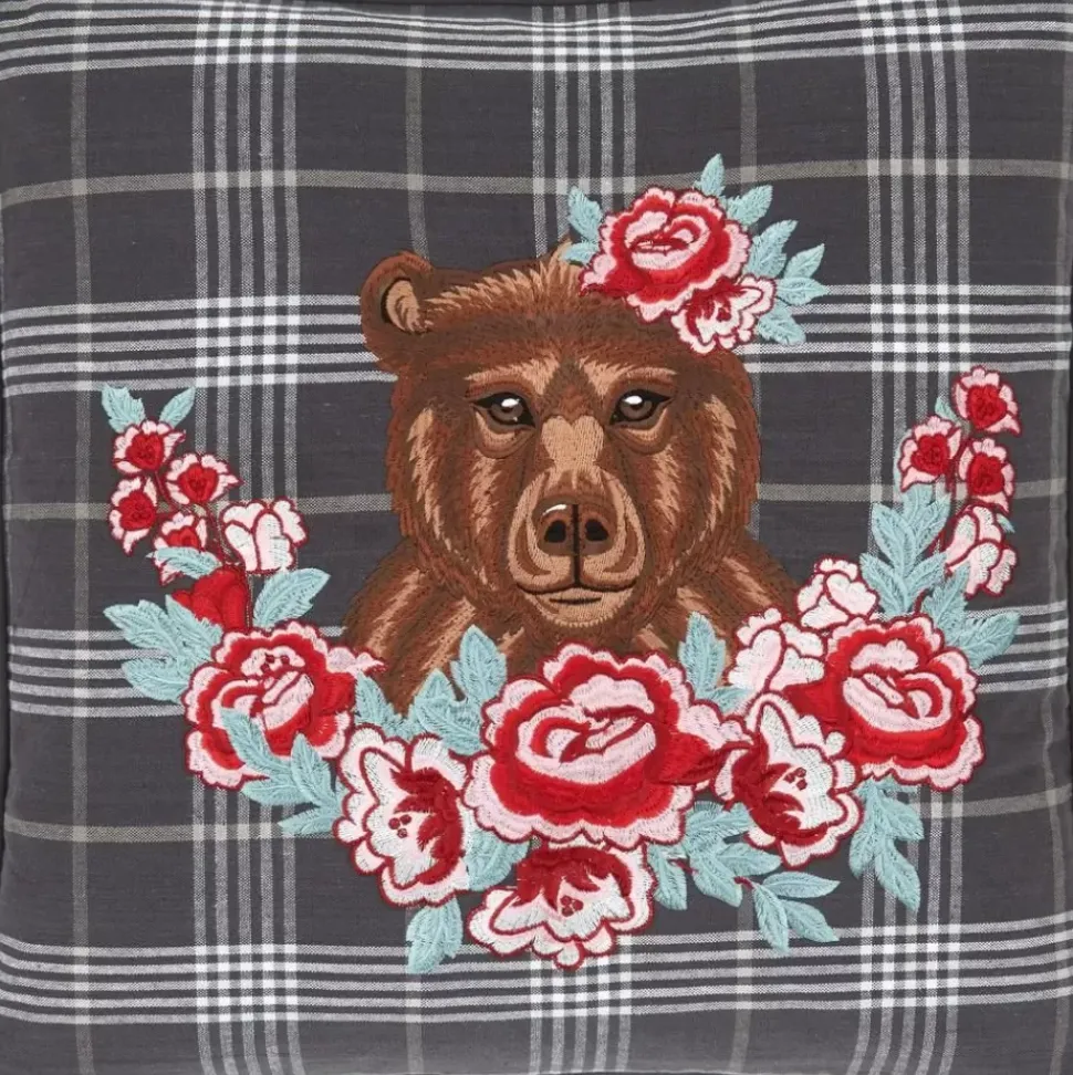 Karierte Kissenhulle Bear Mit Bestickung