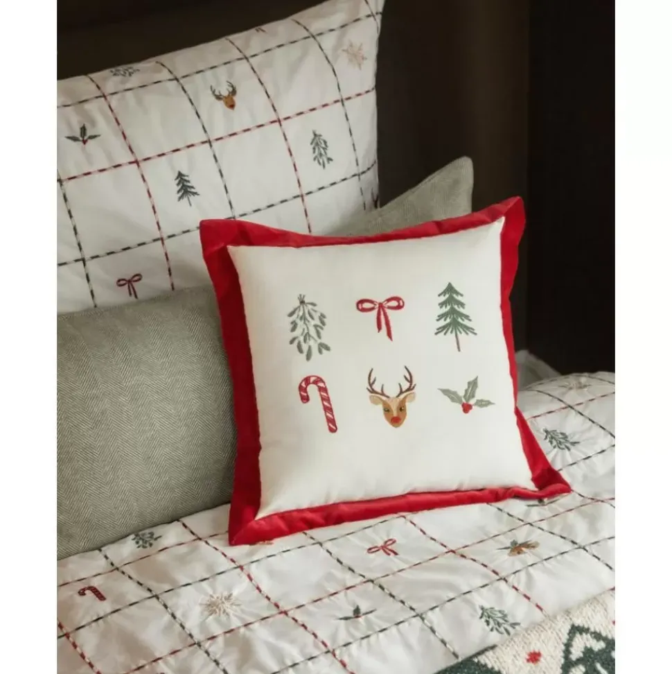 Weihnachtlich Besticktes Samt-Kissen Rudy, Mit Inlett